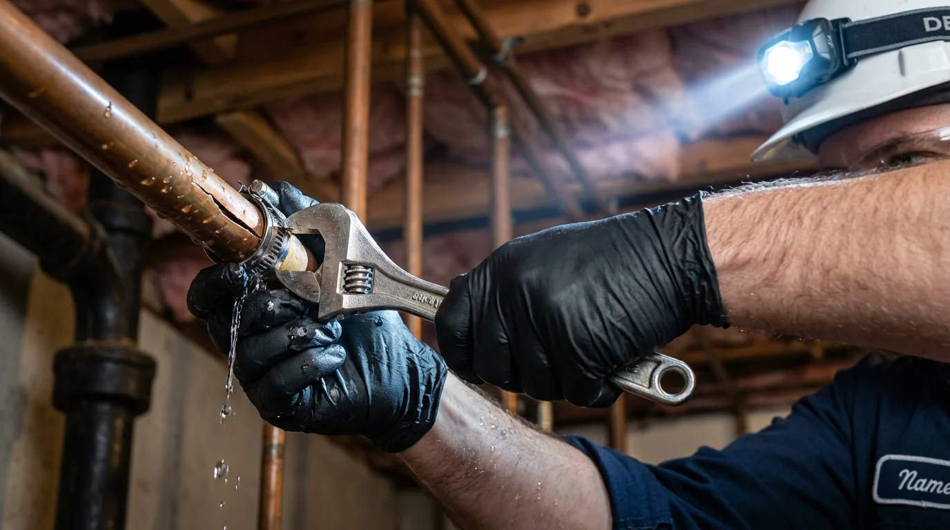 Emergency pipe clamp repair being performed by a Johns Plumbing LLC plumber in Millsboro