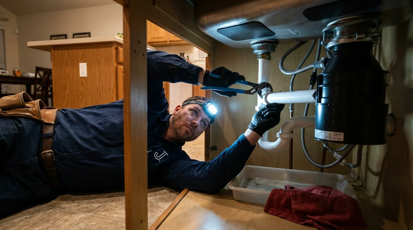 P-trap and supply line connections under a kitchen sink showing a common leak point in Millsboro, DE